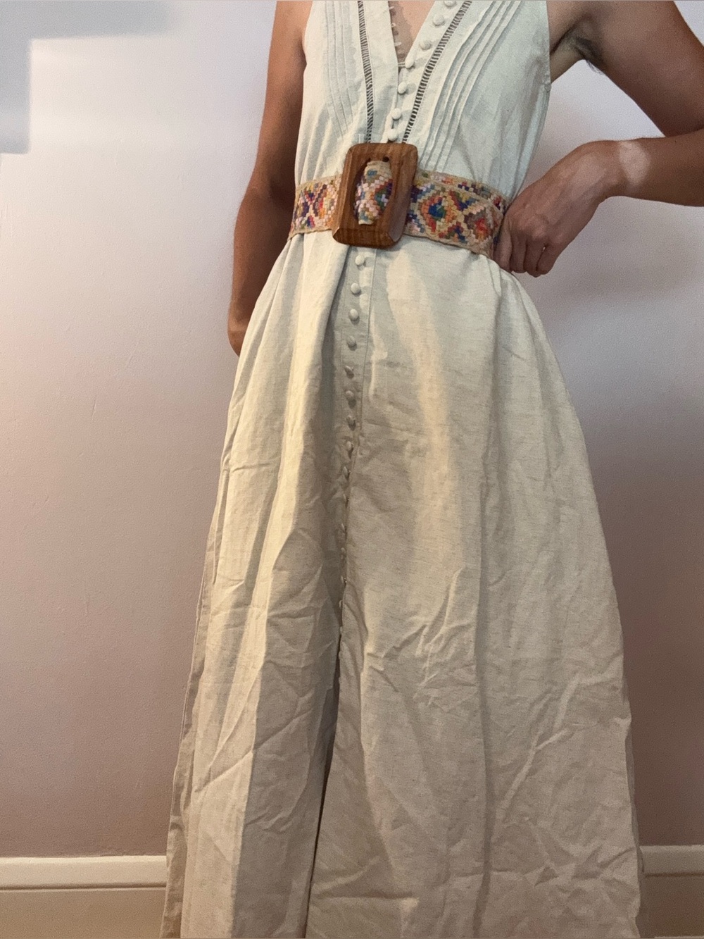 Unique Sleeveless V-Neck Oatmeal Linen Maxi Dress with Button Front - Picture 4 of 8